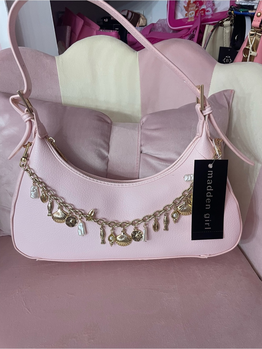 Madden Girl Light Pink Charm Shoulder Bag with Gold Accents